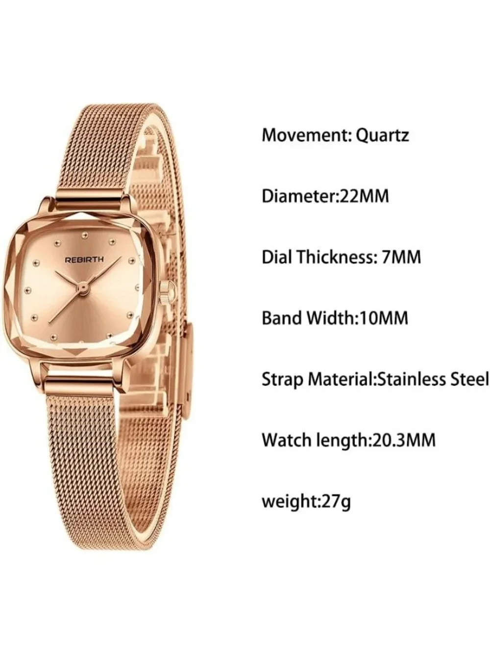 Women's Rose Gold Square Minimalist Dial Mesh Band Crystal Case Wrist Watch